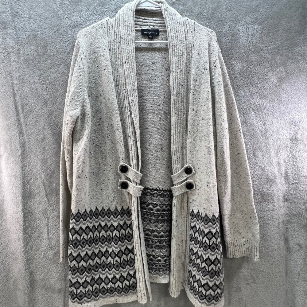 Fortune Ivy Womens XXL Grey Speckled Fair Isle Shawl Collar Cardigan Nordic Boho
